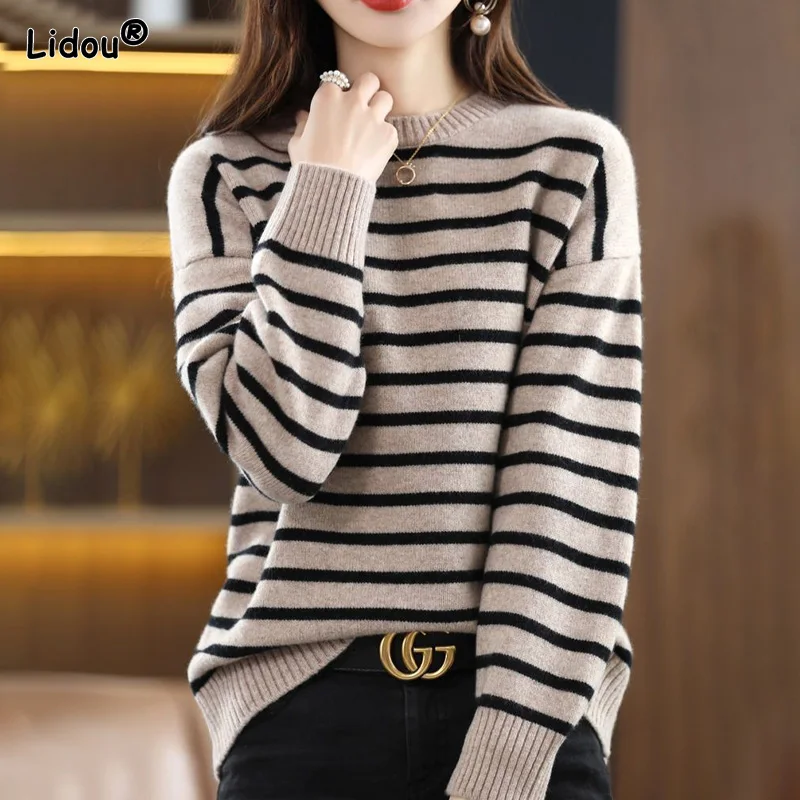 T-Shirts Thin Pullovers Striped Women\'s Clothing Loose Autumn Winterr Popularity Simple Casual Comfortable Round Neck Bottoming