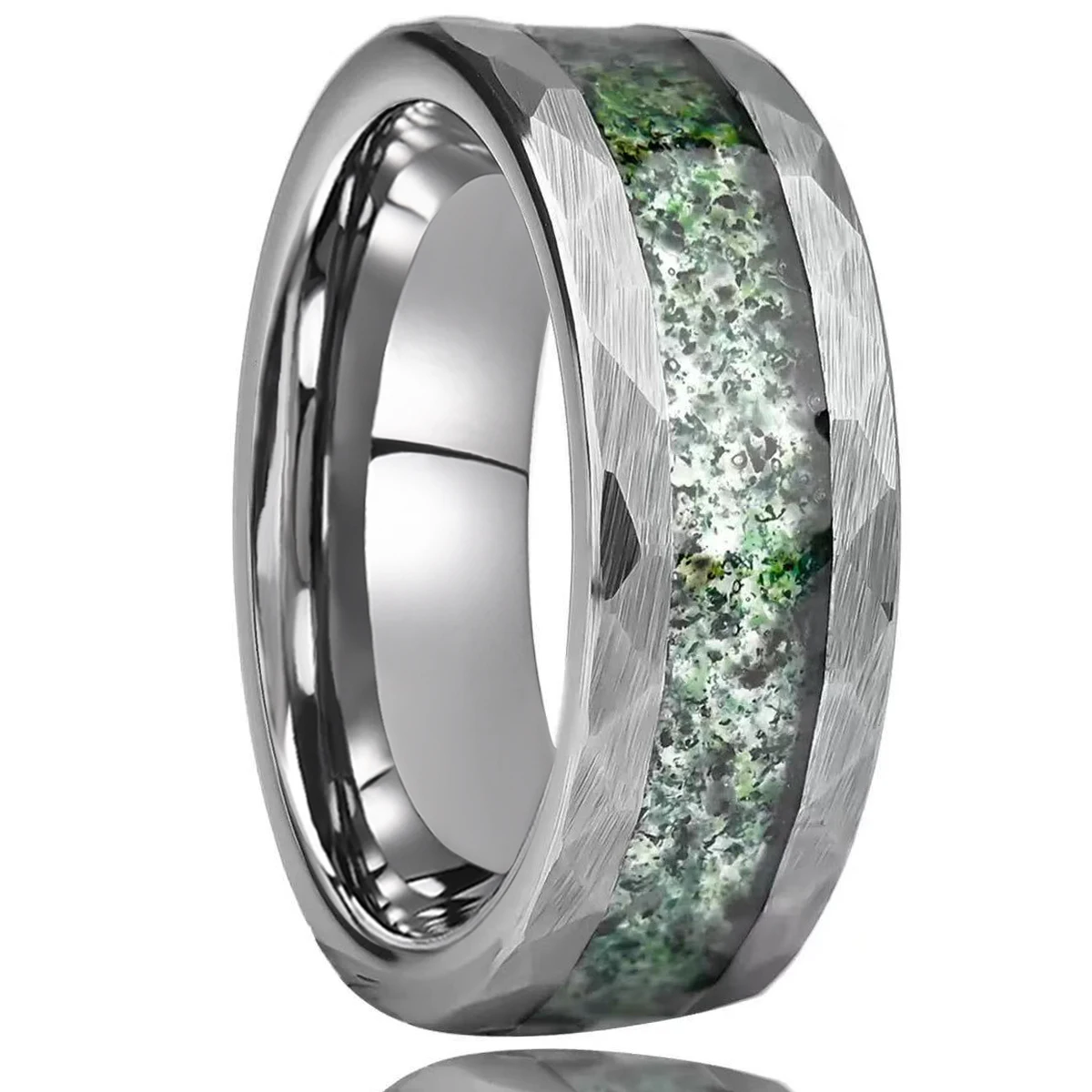 8/6MM Silver Classic Hammered Tungsten Carbide Wedding Bands For Men Women Inlay Natural Moss Agate Engagement Promise Rings