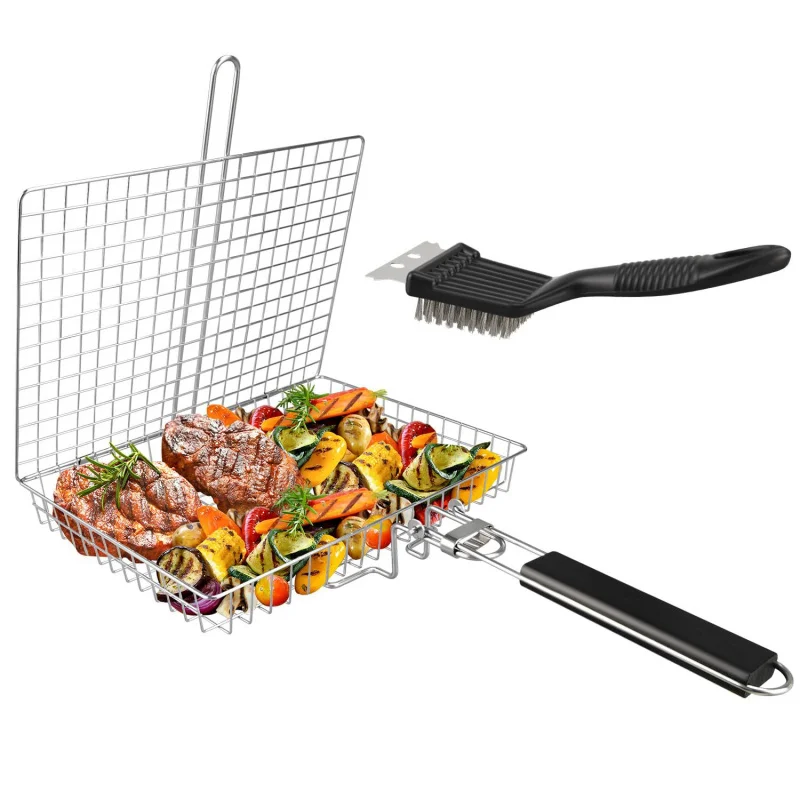 Amazon Outdoor Barbecue Wire Single-Piece Rectangular Handle Tool Supplies Stainless Steel Grid Rack Bold with Handle