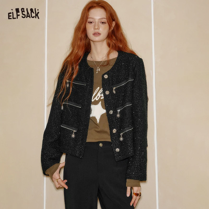 

ELFSACK 2025 Autumn New Arrivals Elegant Woven Multi Zip Tweed Classic Boutique Short Jacket For Woman