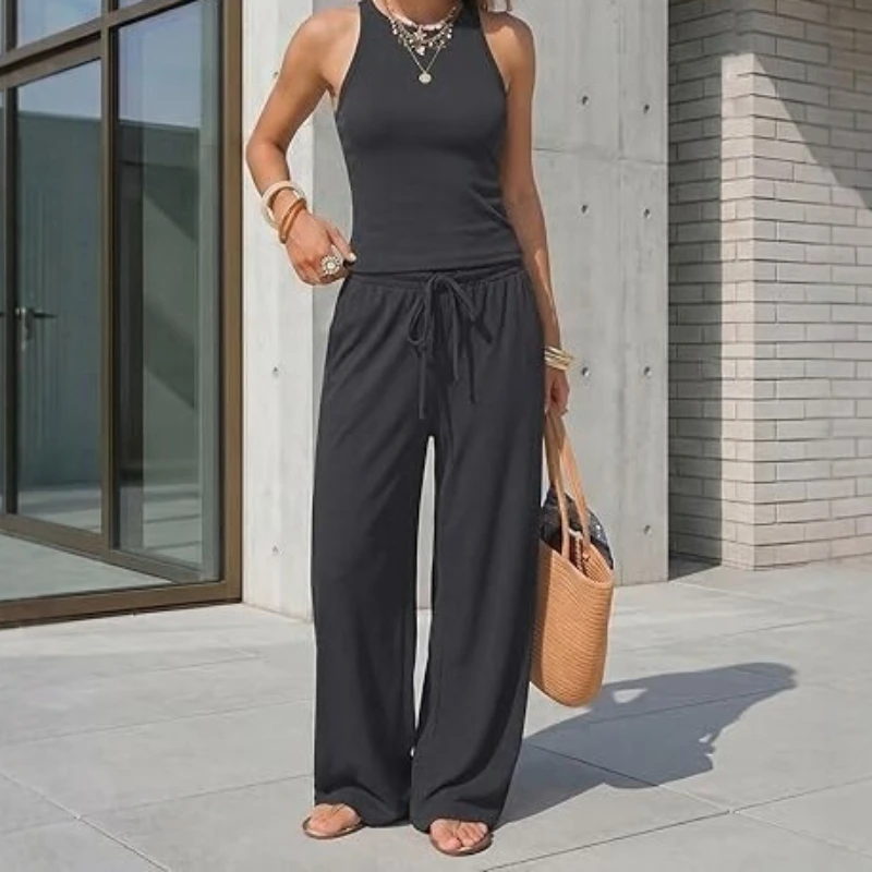 2026 New European and American Style Sleeveless Vest Wide Leg Pants Suit Women's Summer Casual Striped Two-piece Fashion Trend