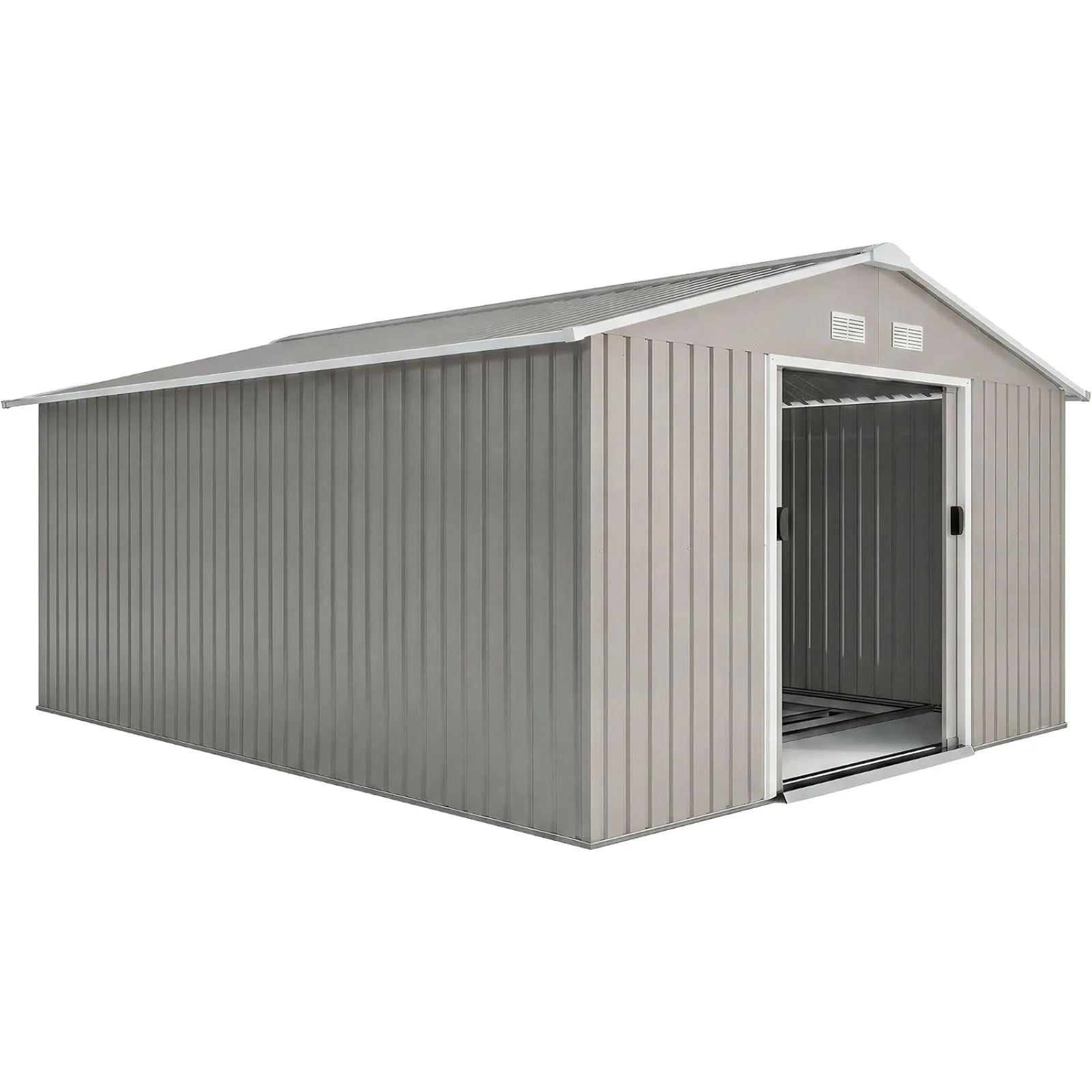 Outdoor Storage Shed, Garden Tool Metal Shed with Foundation Kit, Double Lockable Door, Air Vents and Sloping Roof, for Backyard, Patio, Lawn, Light Gray