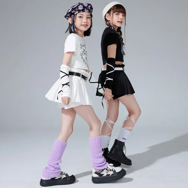 Enfant mignon Hip Hop vêtements blanc imprimé haut court t-shirt manches noir plissé Mini jupe pour fille Jazz danse Costume porter des vêtements