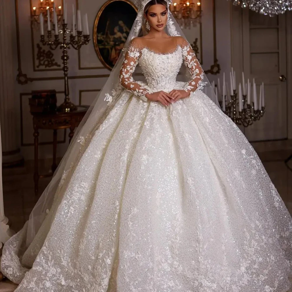 

Gorgeous Women's Wedding Dresses Sparkling Long Sleeve Lace Applique Princess Bridal Gowns Arab Dubai Plus Size Bride Dress 2024