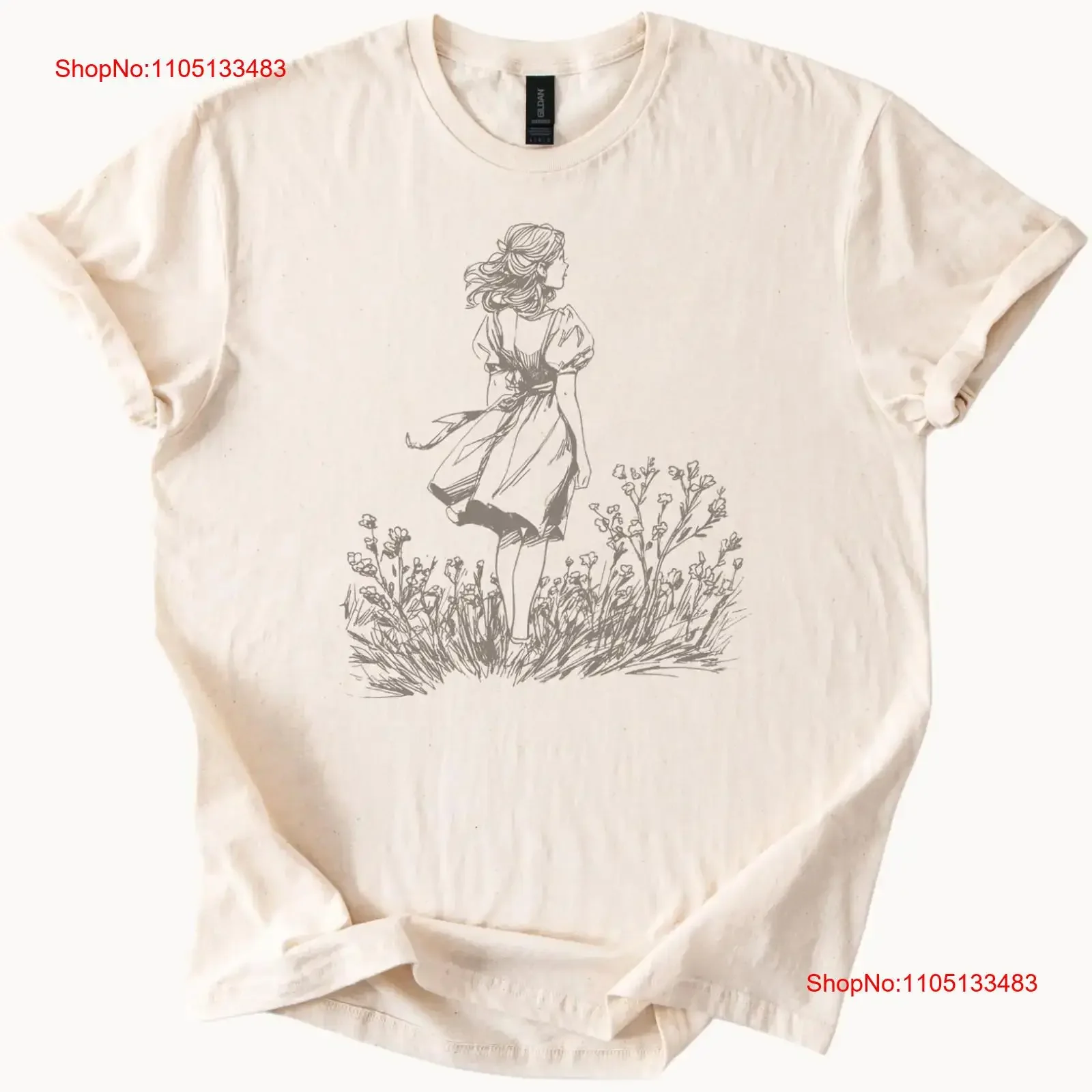 

Whimsical Girl in Field T Shirt Botanical Nature Sketch for Her Flow vintage Washed Soft fashion homme streetwear Casual