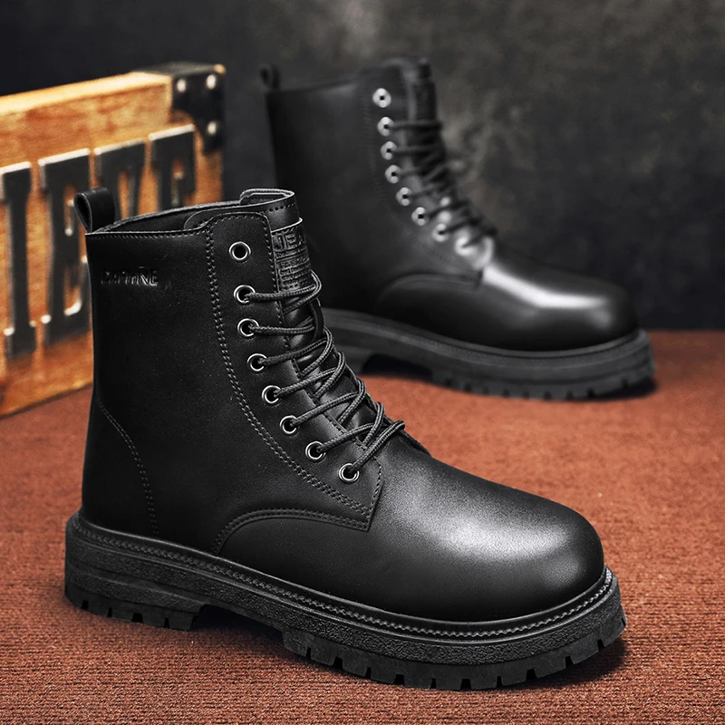 

British Style Black Men's Ankle Boots Fashion High Top Work Shoes Men Leather Boots Comfortable Platform Motorcycle Boots Man