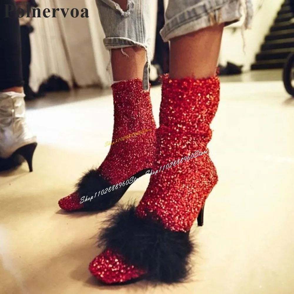 

Catwalk Black And Red Fur Decor Sock Boots Mid Calf Spike Heel Women Shoes Slip On Round Toe 2024 Fashion Zapatos Para Mujere