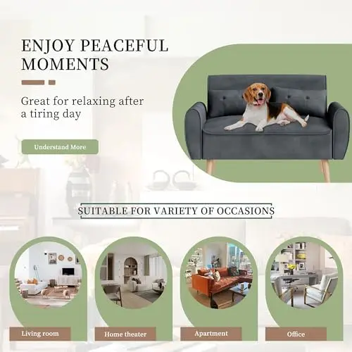 Nowoczesna sofa dwuosobowa z pikowaniem, model Century Linen, z poduszkami oparcia i zwężanymi nogami, ciemnoszara, 47 cali.