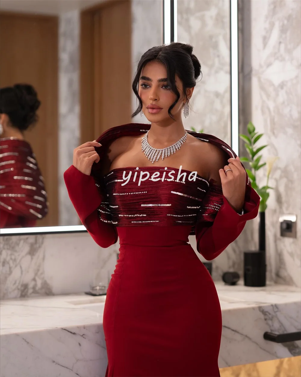 تخصيص الطراز الحديث مطابقة جيرسي حجر الراين حورية البحر خارج على الكتف فساتين طويلة مخصصة فساتين المناسبات جودة عالية #5