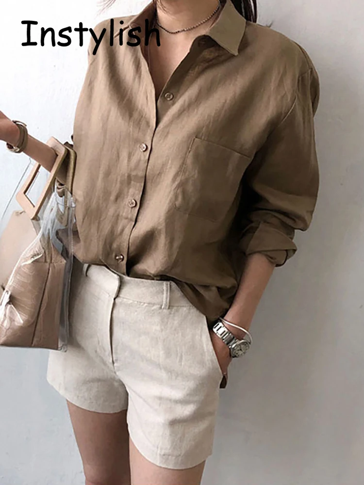 Leisure Long Sleeve Cotton Linen Loose Shirt Women Spring Summer Vintage Harjauku Streetwear Oversized Blouse Elegant Top Tunics