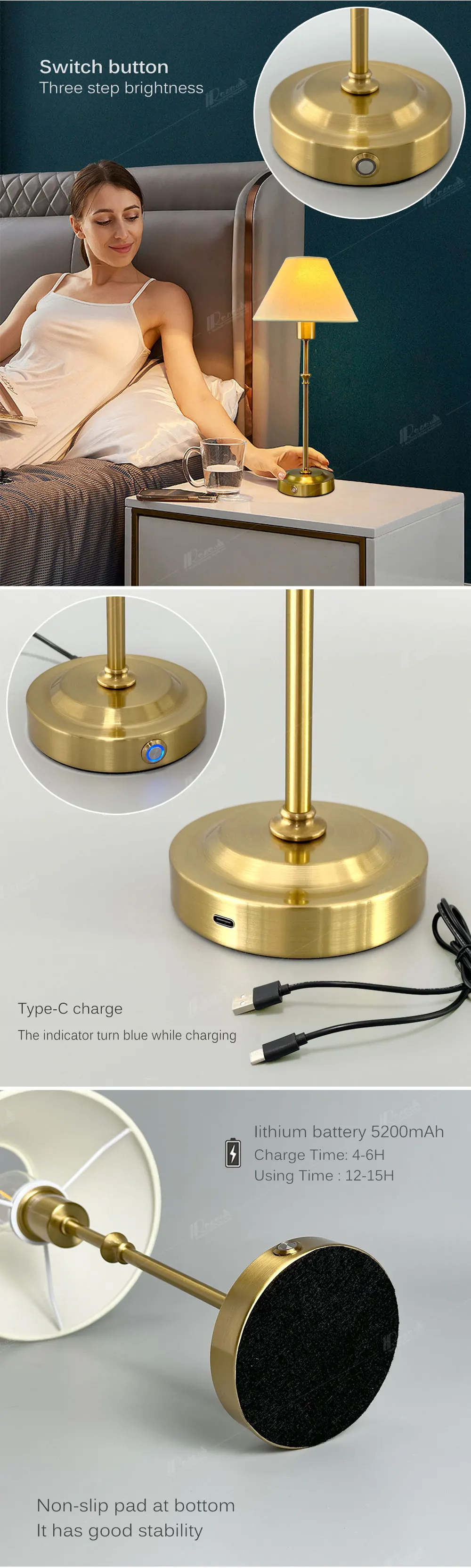 Wedding restaurant classic style rechargeable fabric desk lamp replaceable lampshade