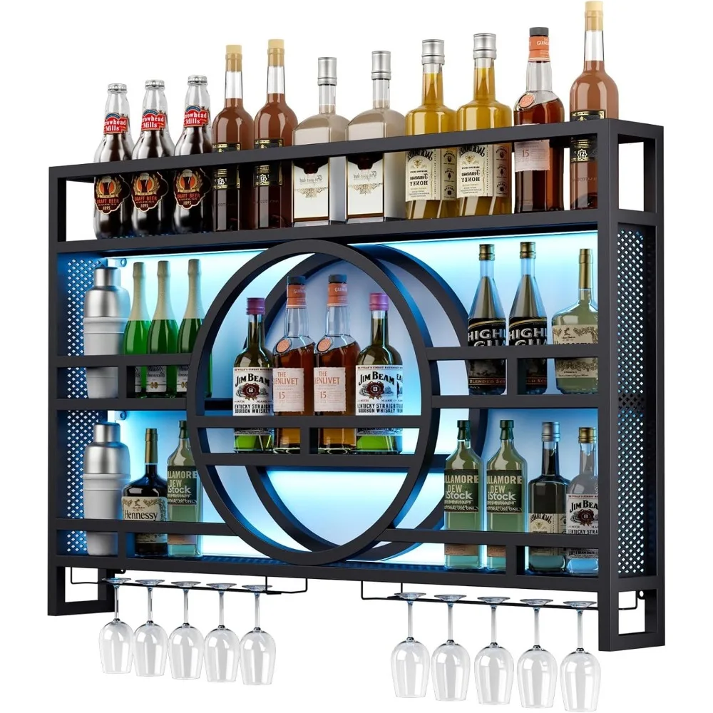 

3-Tiers 39in Wine Rack Wall Mounted with LED, Floating Bar Shelves with Wine Glass Holder Hanging Industrial Liquor Shelf,