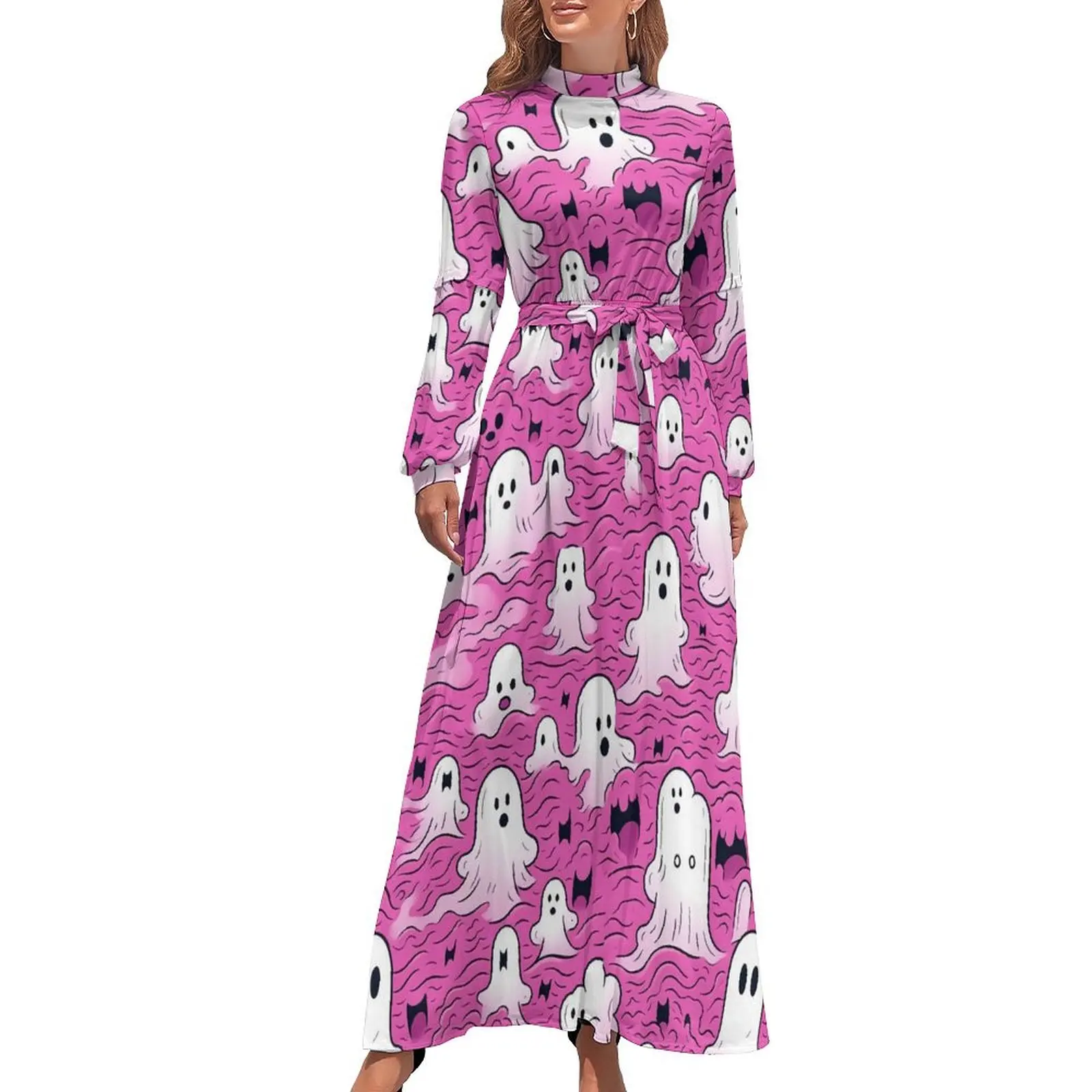 

Pink Ghost Dress Funny Halloween Print Sexy Custom Maxi Dress High Neck Long Sleeve Casual Boho Beach Long Dresses