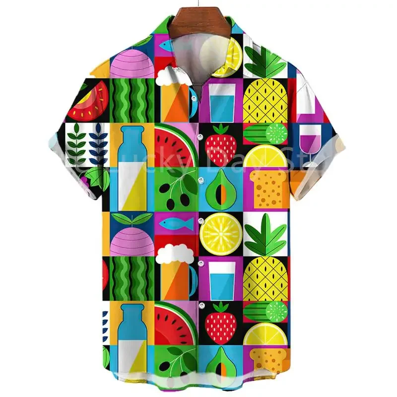 Men's Fashion Fruit Pattern Social Y2k Hawaiian Short Sleeve Shirt Floral Printed Casual Summer Vintage Clothing Top Harajuku