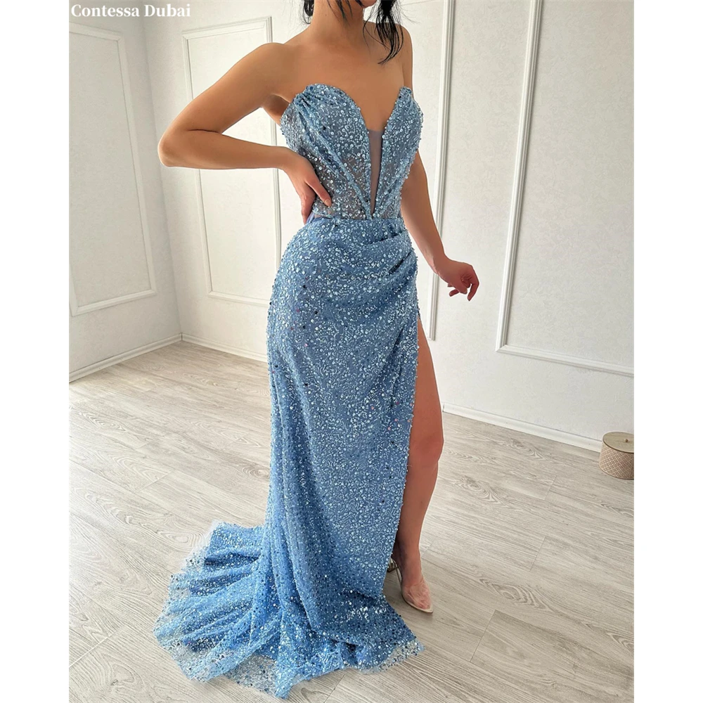 Contessa Custom Strapless Blue Sequin Prom Dress Deep V Neck High Split Evening Dresses Formal Party Homecoming Gown