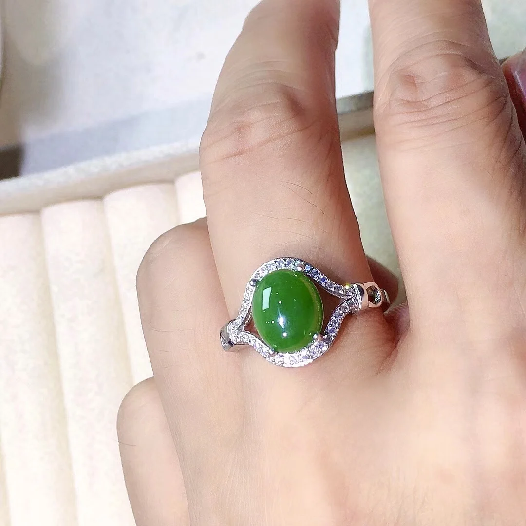 

Chinese Green Jade Ring 8mm*10mm Natural Jade 925 Silver Ring with Gold Plating Sterling Silver Jade Jewelry