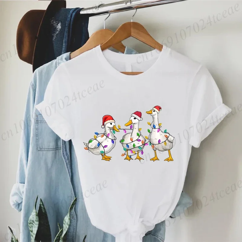 أزياء مضحكة مجرد أوزة بطة عيد الميلاد تي شيرت مطبوع المرأة قصيرة الأكمام تي شيرت عيد الميلاد أوزة للجنسين الصيف الملابس النسائية