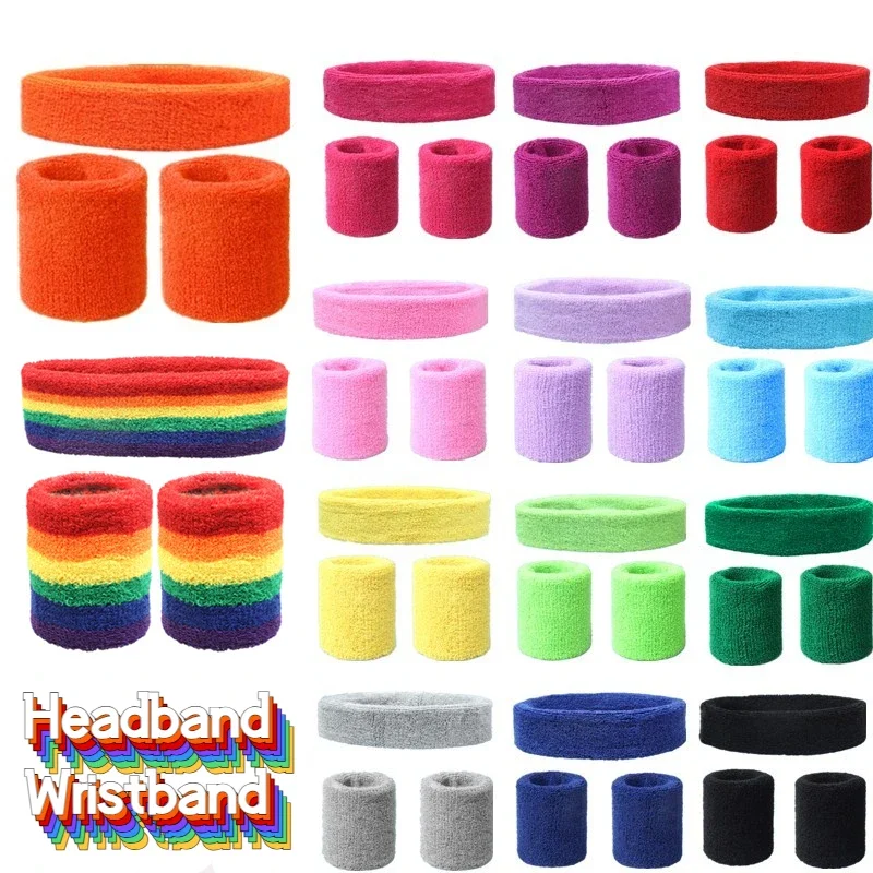 Fashion Sports Headband and Wristband Towel Set Sweatband Cotton Wrist Band Bracers for Women Men Cycling Gym Basketball Tennis