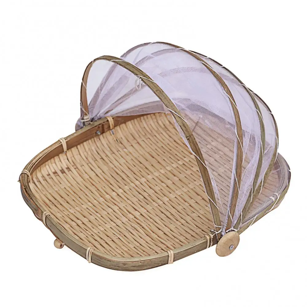 Bamboo Woven Storage Basket Mesh Handmade Food Fruit Anti Flies Net Cover Tent Sundry Container Kitchen Storage Tray