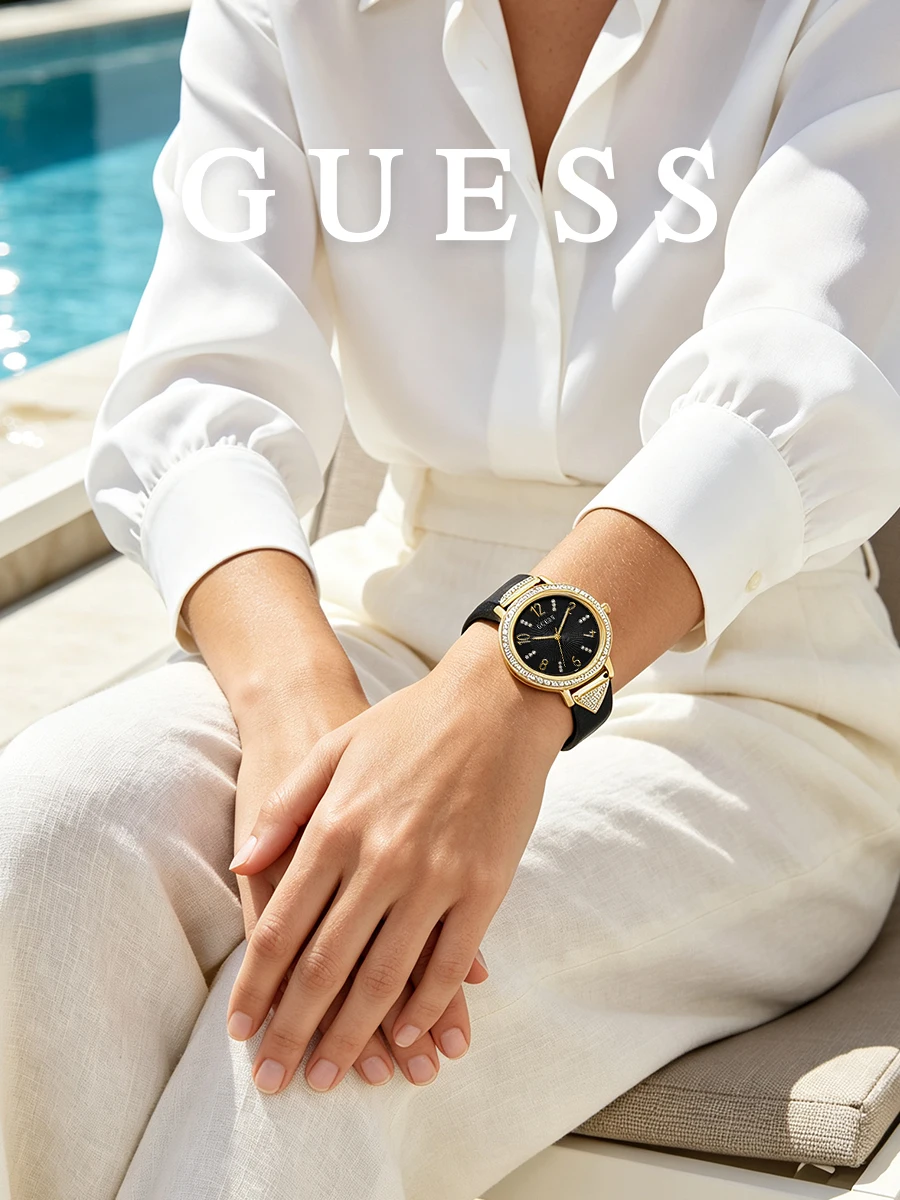 GUESS Women's Quartz Watch Black Leather Strap Crystal Bezel Black Sunburst Dial Glam Fashion Watch For Party Anniversary Gift