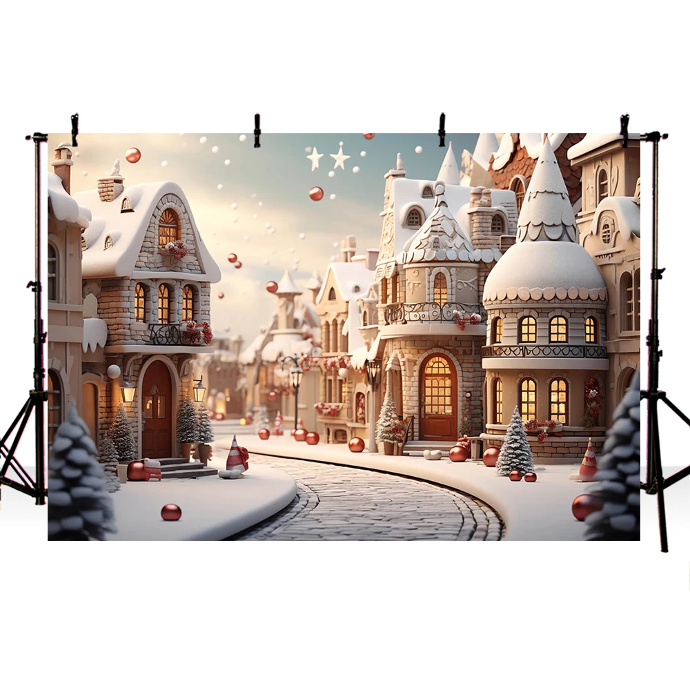 Christmas Photo Background Fairytale Town Snow Brick Road Xmas Trees Decor Backdrop Kids Adult Portrait Photography Studio Props