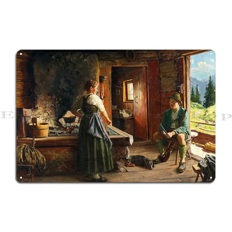 A Hunter Resting In An Alpine Hut Emil Rau 1930 German Art Metal Plaque Poster Classic Printed Bar Decoration Tin Sign Poster