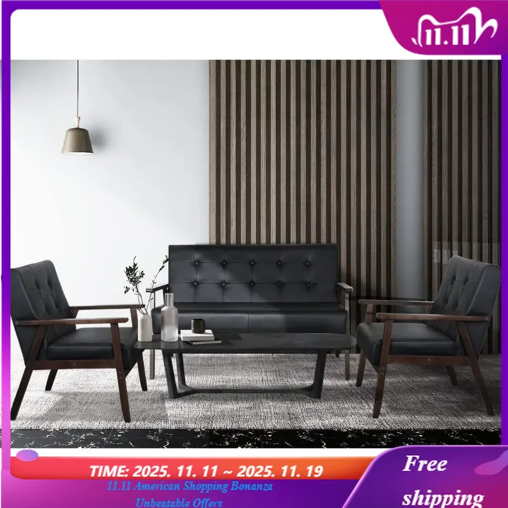 

Black Faux Leather Mid-Century Sofa Set Office Waiting Room Loveseat 2 Accent Chairs Stylish Comfort