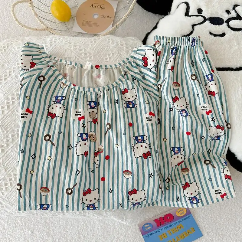 

Женский летний пижамный комплект Sanrio Hello Kitty, шорты с короткими рукавами и круглым вырезом, шорты из хлопка Cloud Cotton, домашняя одежда для студентов, милая ночная рубашка