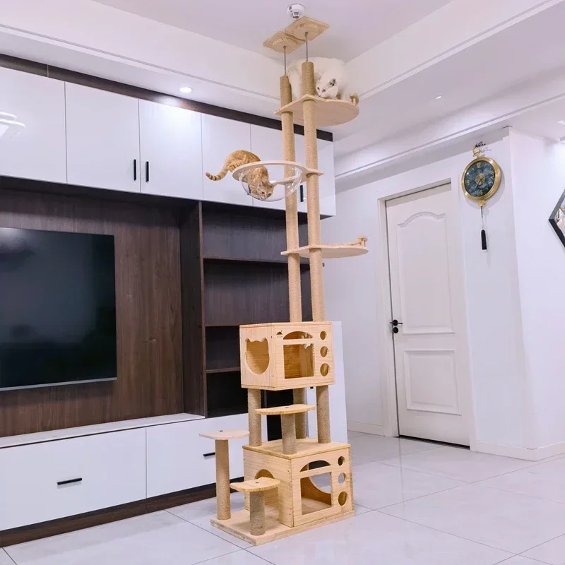 Cat climbing frame integrated solid wood double column Tongtian pillar, cat tree jumping platform nest cat toy grinding claws