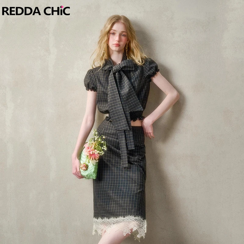 

REDDACHiC Checkered Top Skirt Women Matching Set Puff Short Sleeves Blouse Low Rise Straight Skirt Career Vintage Summer Clothes