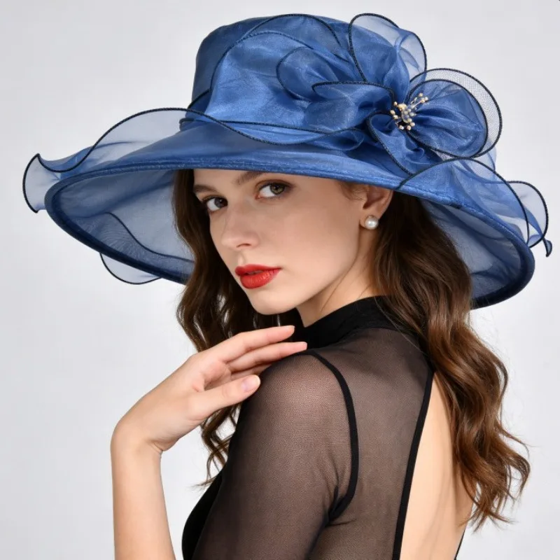 French Vintage Women Foldable Organza Church Derby Hat Ruffles Wide Brim Uv Protection Sun Hat  Ladies Outdoor Styling
