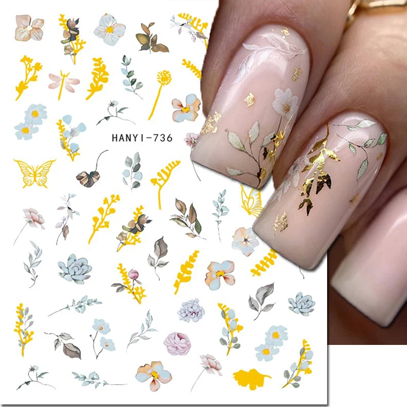 

3d Gold Buttefly Autumn Leaves Sky Blue Pink Flowers Nail Art Stickers Adhesive Sliders Nail Decals Manicure Accessories