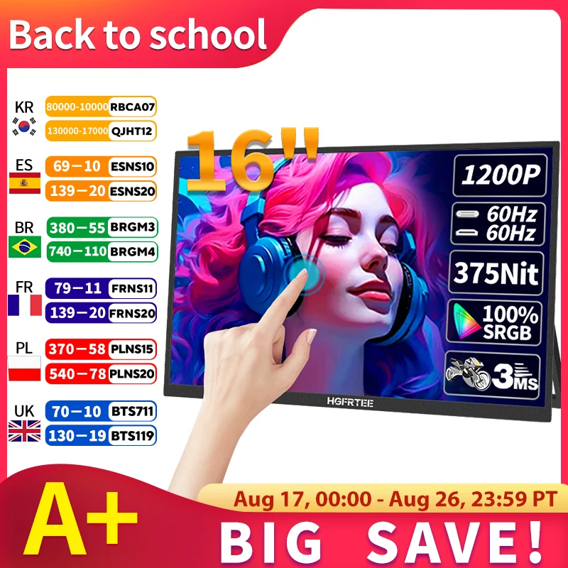 HGFRTEE 16inch Touch Portable Monitor 16:10 96%sRGB 350Cd/m Second Screen For Laptop With Holder Stand Type-C HDMI-Compatible