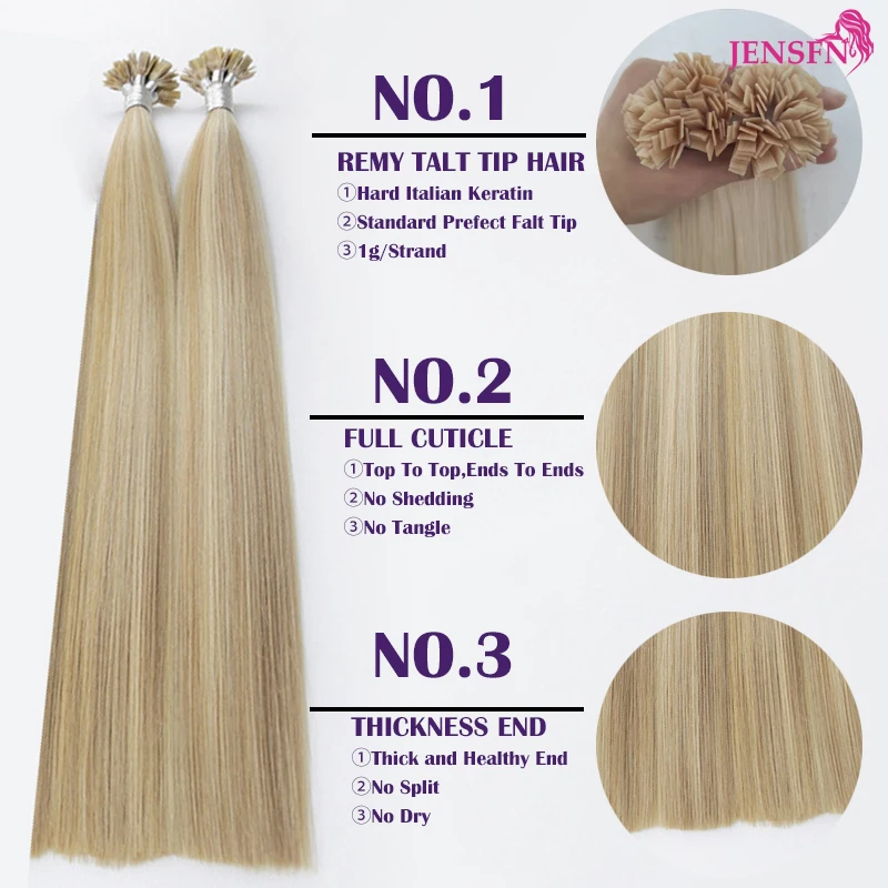JENSFN Straight Flat Tip Human Hair Extensions 16