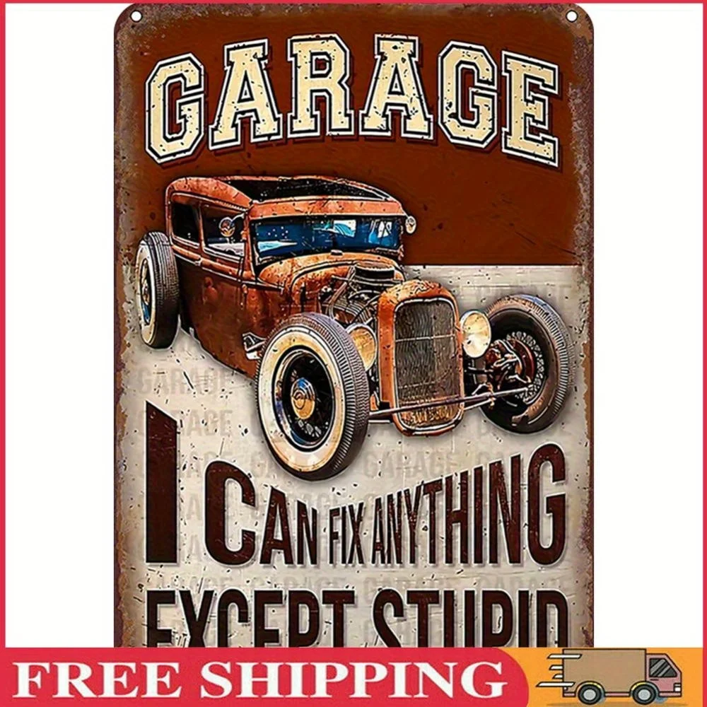 Vintage-Metall-Garagen-Blechschild, Wandkunst – Retro-Eisen-rustikales Dekor mit klassischem Auto und „I Can Anything“-Slogan, 11,81 x 7,87, Wal