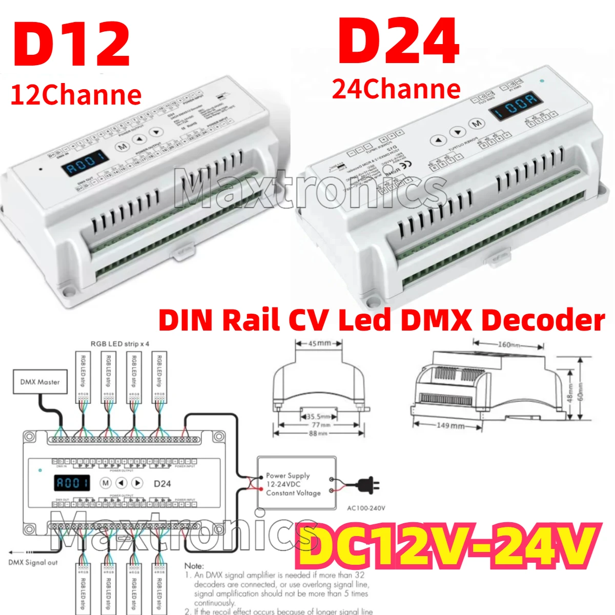 DC12V-24V 12/24 saluran DIN rel CV Led DMX dekoder Input 3A * 24CH 12CH * 5A RDM DMX512 Controller untuk RGB LED Strip Light Tape