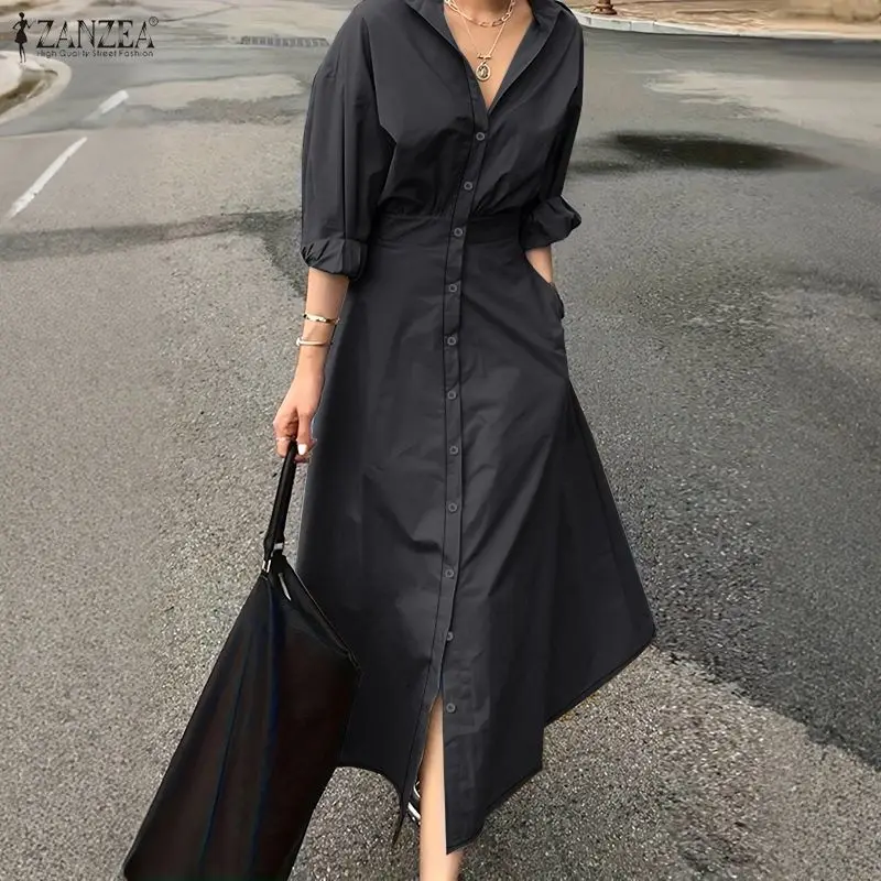 

Женское однотонное длинное платье-рубашка ZANZEA с отложным воротником, длинными рукавами, сборками на талии, на пуговицах, макси-платье, повседневные платья-рубашки для женщин