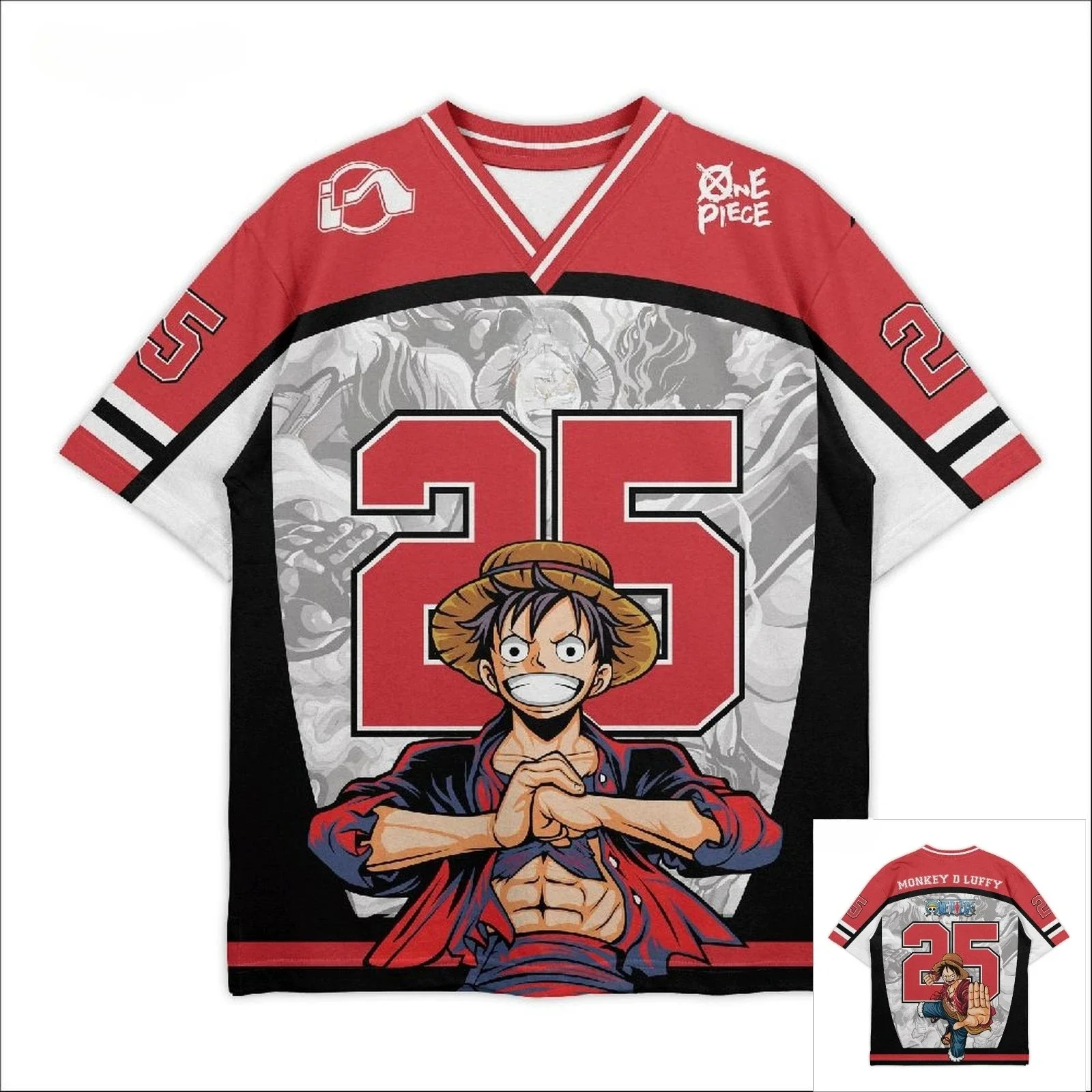 

2026 New Bandai Japanese Anime One Piece Monkey D. Luffy Football Jersey 2025 Red Black White Anime Streetwear
