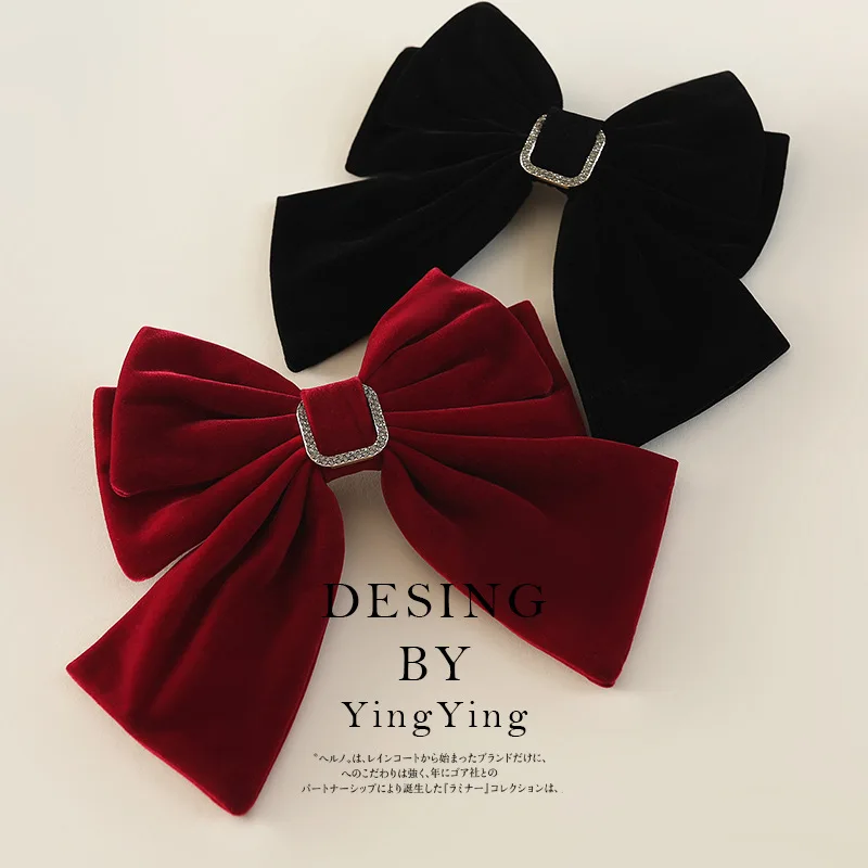 

Large Bowknot Red Black French Hairclip Accessories Headwear Spring Satin Velvet Princess Hairpins Headdress Rhinestone Heart