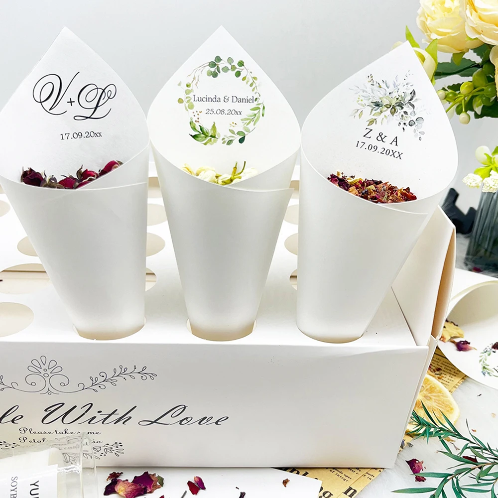 

30Pcs Custom Flower Wedding Confetti Toss Cones Personalized Floral Thank You Cones Label Bridal Baby Shower Birthday Party