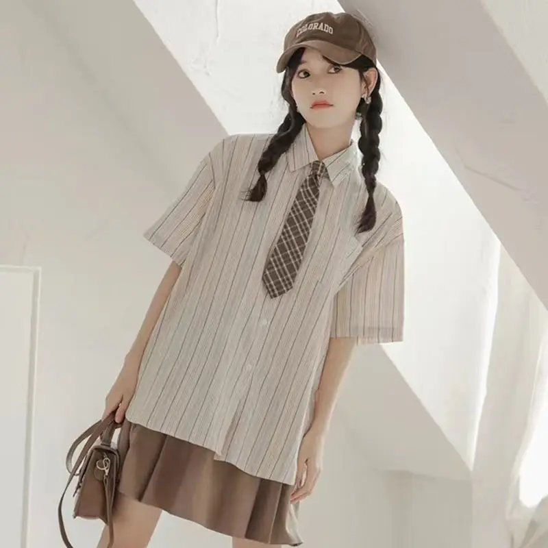 DAYIFUN College Style Striped Shirts with Tie Women's Summer Short Sleeve Blouses Lady Retro Lapel Pocket Design Blusas Tops