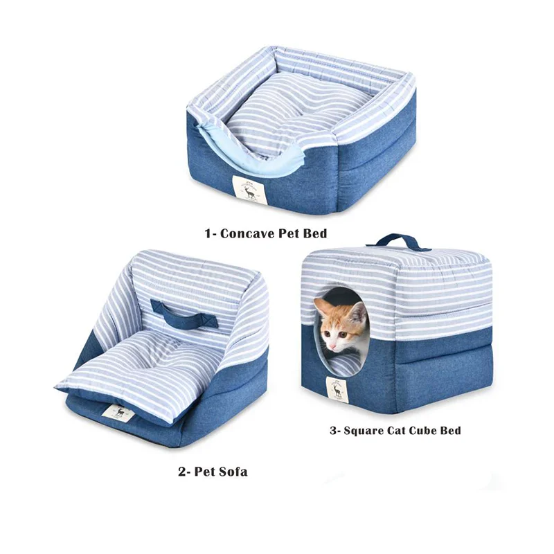 

Cozy Home 3 In 1 Jean Fabric Comfort Pet Cave House Stripe Design Cat Dog Bed