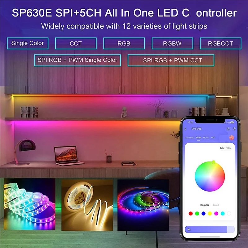 A08M-2X SP630E Bluetooth LED Controller Support PWM Single Color CCT RGB RGBW RGBCCT And SPI TTL IC Chip LED Strip Light