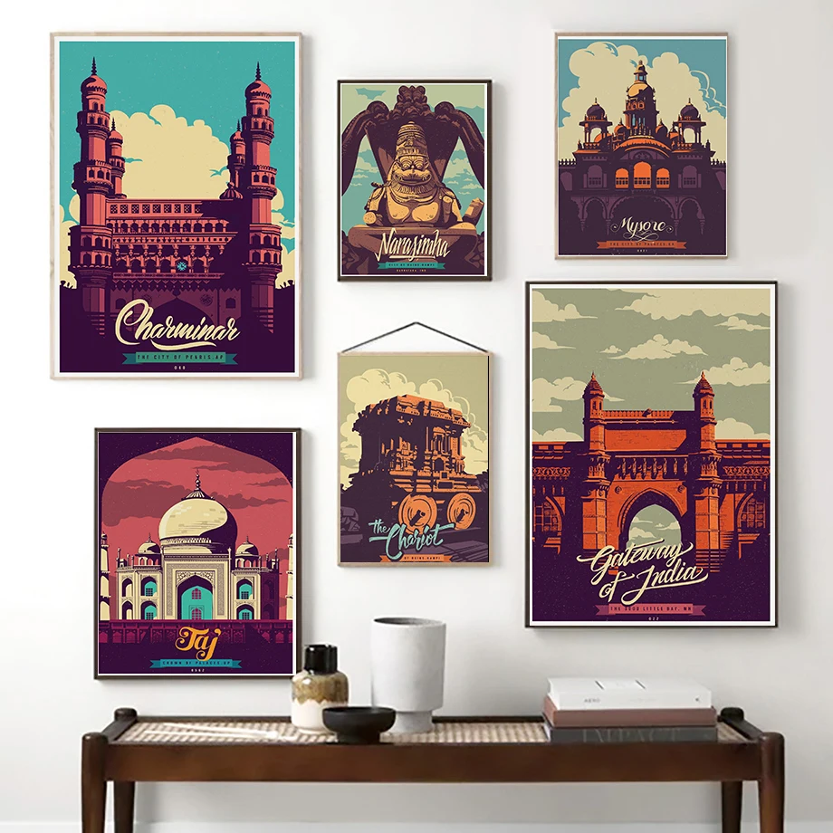 Vintage Gateway of India Lotus Mahal Building Travel Poster Canvas Painting Wall Art Print Pictures for Living Room Home Decor