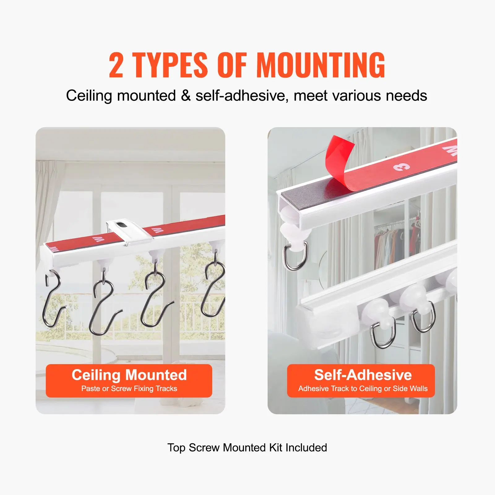 Ceiling Curtain Track Set, 9.9 FT/3 Meter, Self Adhesive, No Drill Ceiling Track System for Curtains, Room Divider Curtain Track Ceiling Mounted for Living Room with Hooks and Hardware, White
