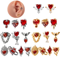 2PCS Surgical Steel Red Zircon Ear Studs Heart-Shaped Bat Evil Tragus Cartilage Screw Ball Earrings For Women Piercing Jewelry