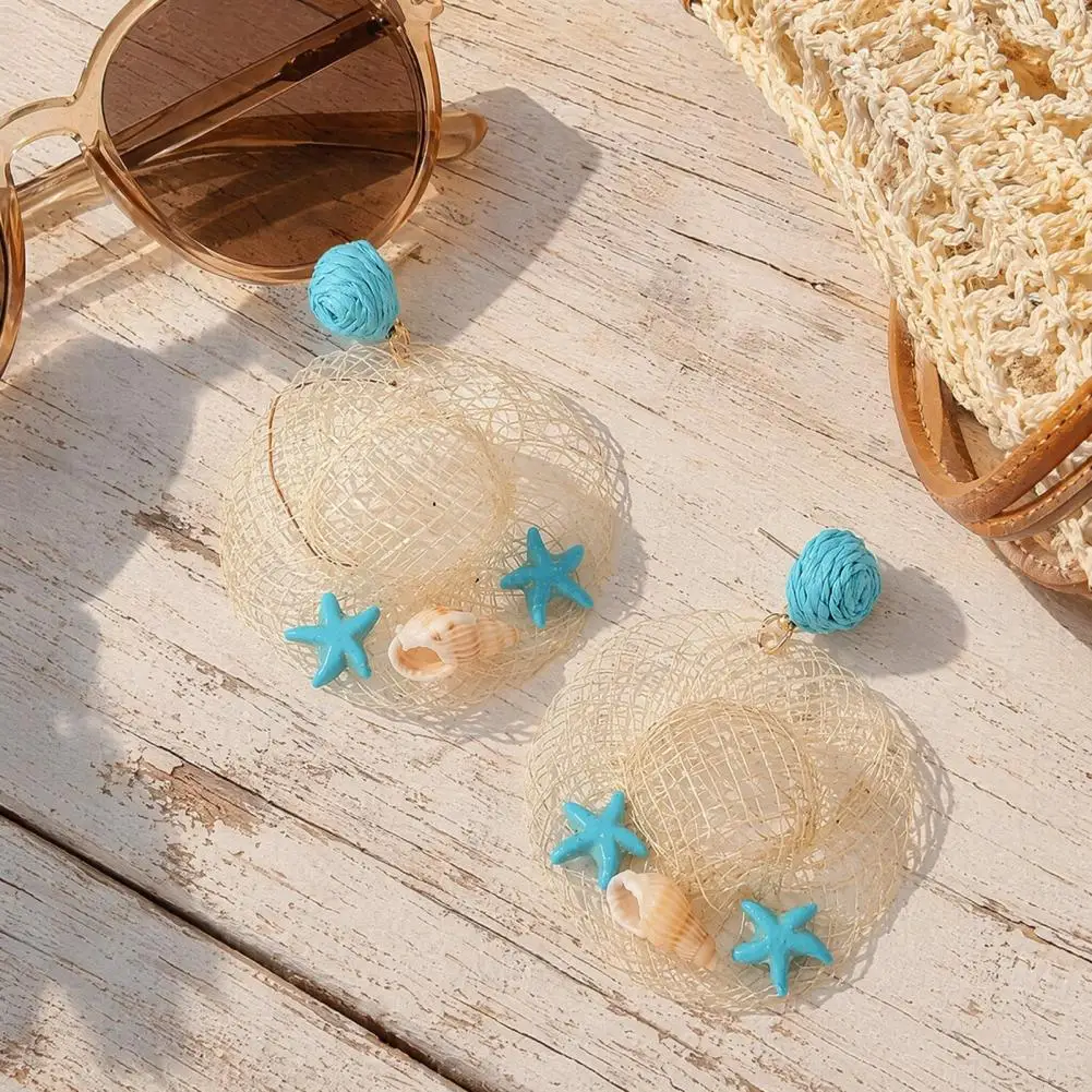 Starfish Earrings Boho Raffia Statement Earrings Woven Straw Starfish Dangle Earrings Handmade Rattan Hoop for Women Summer
