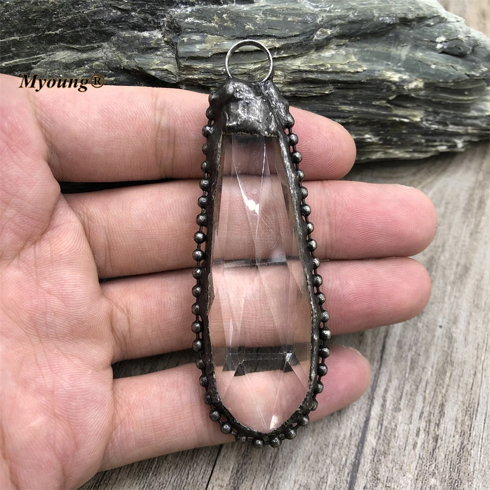 Soldered Ancient Silver-Plated Geometric Maple Leaf Shape Glass Crystal Vintage Necklace Pendants For Jewelry Making MY220856