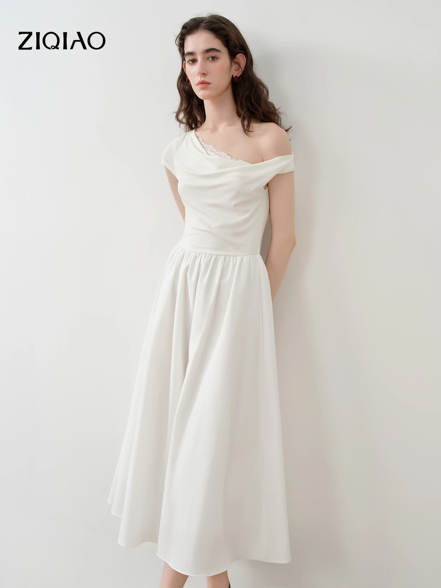 

ZIQIAO White Off-Shoulder Deep neckline Lace Appliqué Dress Women's Summer 2026 New Arrival Waist-Cinching A-Line Skirt Dress