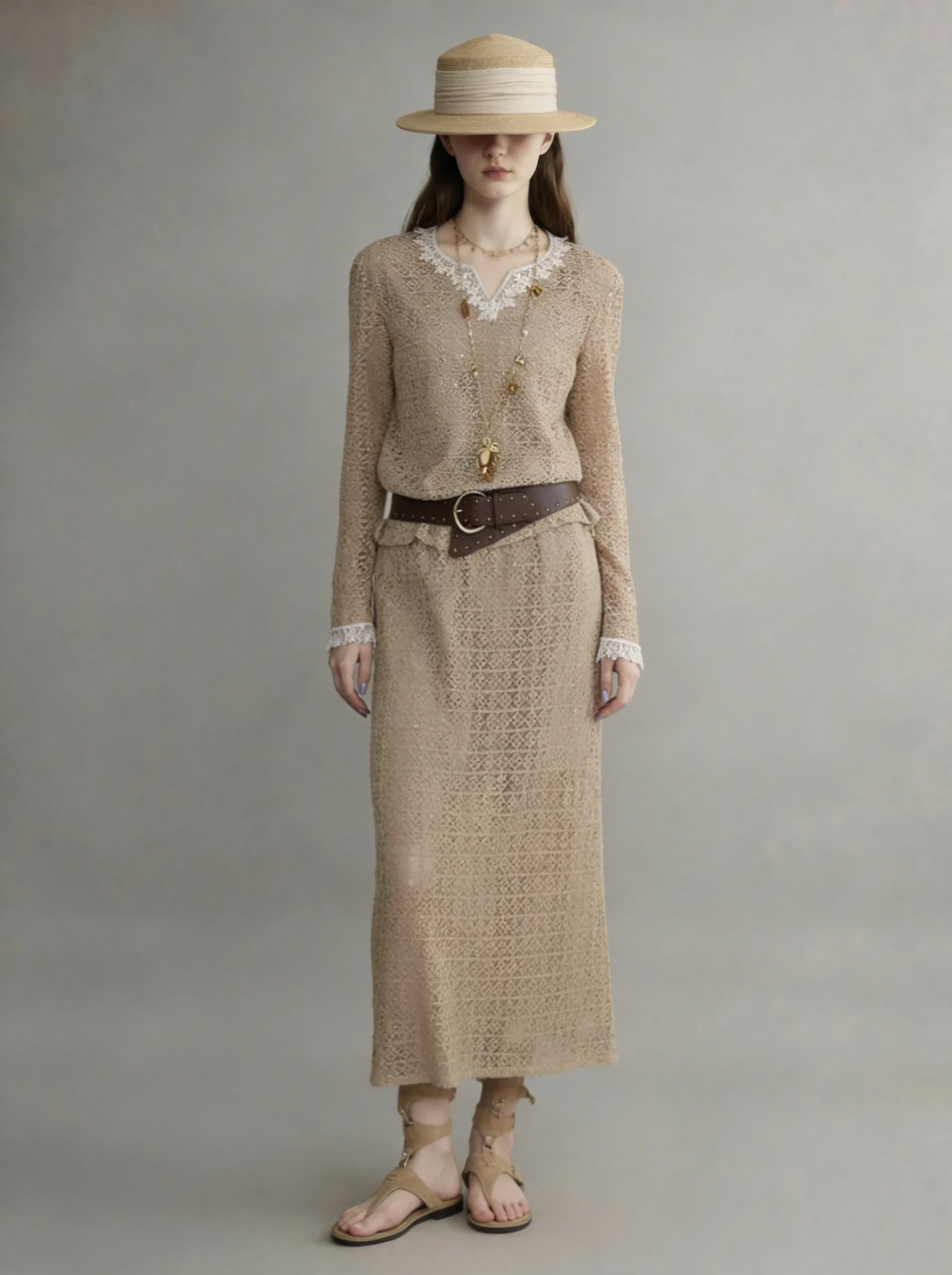 

Kaki Color Lace Splicing Knitted Long Sleeve Women's Top Half Skirt Light Color Spring Fashion Set Casual Style High Waist